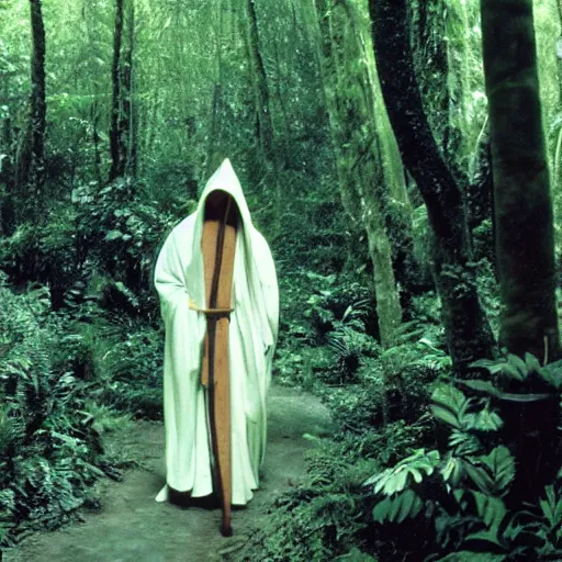Prompt: a man wearing a long cloak and hood, walking through a lush jungle, film still, arriflex 3 5 extremely high detail