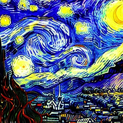 Image similar to the starry night, fantasy, hd, volumetric lighting, 4 k, intricate detail, by jesper ejsing, irakli nadar
