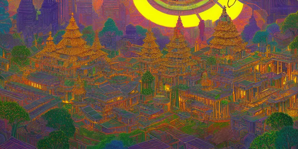 Prompt: a temple made of semiconductors, by Naomi Okubo, landscape, dramatic lighting, high contrast colors, panoramic view, as trending on Artstation,