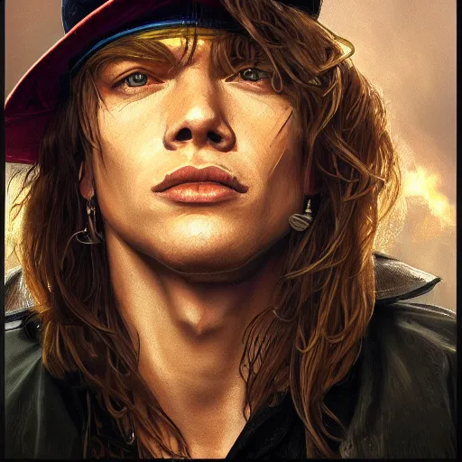 Prompt: young axl rose portrait guns n roses, intricate, highly detailed, digital painting, artstation, concept art, smooth, sharp focus, illustration, unreal engine 5, 8 k, art by artgerm and greg rutkowski and alphonse mucha