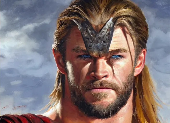 Prompt: a highly detailed beautiful portrait of chris hemsworth as kratos, by gregory manchess, james gurney, james jean