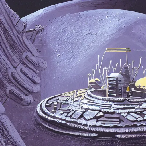 Image similar to an alien city on the moon made entirely from cheese. digital illustration. highly detailed. bizarre. seen through a telescope.