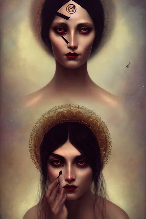 Image similar to a woman with a third eye, painting by tom bagshaw