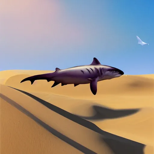 Prompt: a desert shark swimming through sand dunes, warm and cool colour palette, digital painting, artstation, art by lily abdullina,