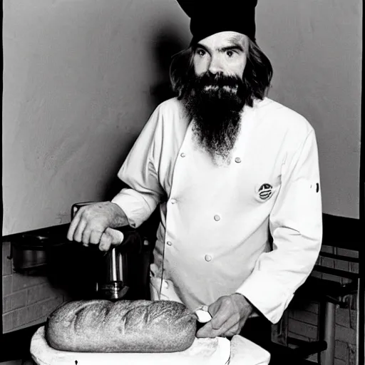 Prompt: charles manson baking a loaf of bread wearing a chef hat