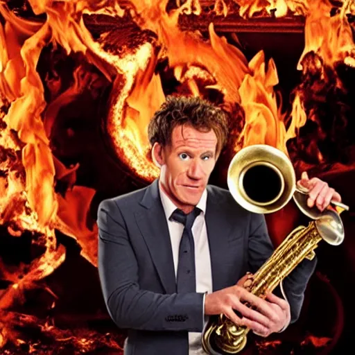 Image similar to gordan ramsay playing the saxaphone in hell surrounded by fire