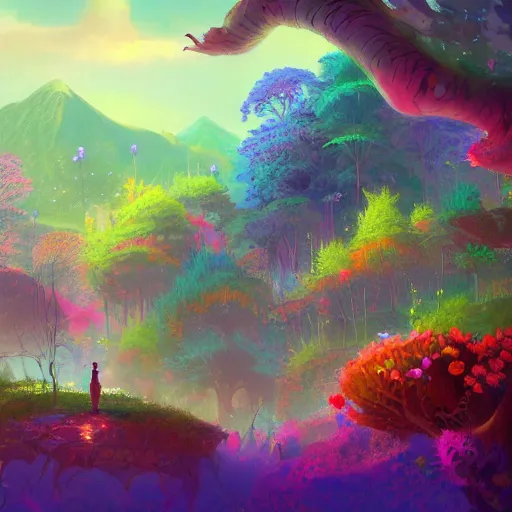 Prompt: a beautiful colorful interesting detailed storybook fantasy view of a distant landscape scene of a Wonderland full of weird trees and flowers, magic the gathering, Marc Simonetti and Anato Finnstark, neon pastel color palette, vibrant 8k rendering, Pixar concept art, trending on artstation HQ