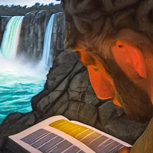 Prompt: highly detailed concept art of award winning cinematic still of close up of man reading the Bible at Niagara falls, waterfalls, colorful sunset, epic, cinematic lighting, dramatic angle, heartwarming drama directed by Steven Spielberg,