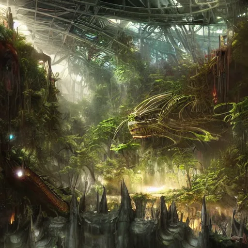 Prompt: epic alien jungle inside a giant laboratory by raymond swanland