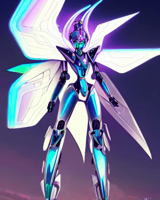 Image similar to uncropped iridescent feminine mecha ( with futuristic jet armor and wings ) with a heart visor helmet, symphogear, full body character portrait, hi - tech, trending on artstation, rave armor, digital painting, concept art, sharp focus, illustration, art by wlop and greg rutkowski