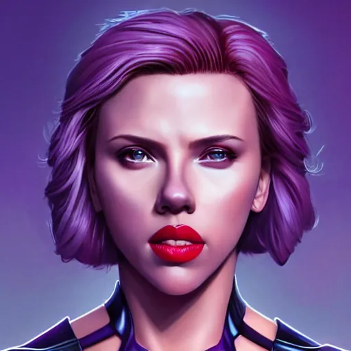 Image similar to scarlett johansson as thanos, feminine beautiful muscular fitness model wearing armor, purple skin, red lips, strong jaw, pin up, attractive, highly detailed upper body portrait, pretty face, elegant, breathtaking art, concept art, by artgerm and ilya kuvshinov