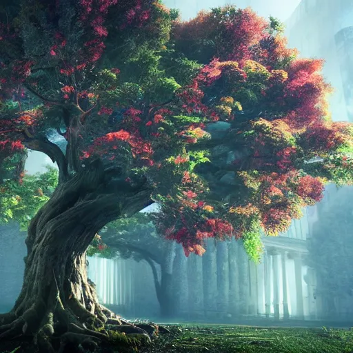 Image similar to The tree of the knowledge of good and evil, photorealistic, fantasy, unreal engine, colorful, cinematic