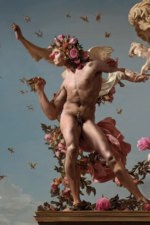Image similar to a young handsome Spanish prince in a full-body bronze baroque statue of Icarus posed seductively, crown of peach roses, flowing pink-colored silk, fabric, flowers. baroque elements, human skull. full-length view. baroque element. intricate artwork by caravaggio. many many birds birds on background. Trending on artstation, octane render, cinematic lighting from the right, hyper realism, octane render, 8k, depth of field, 3D