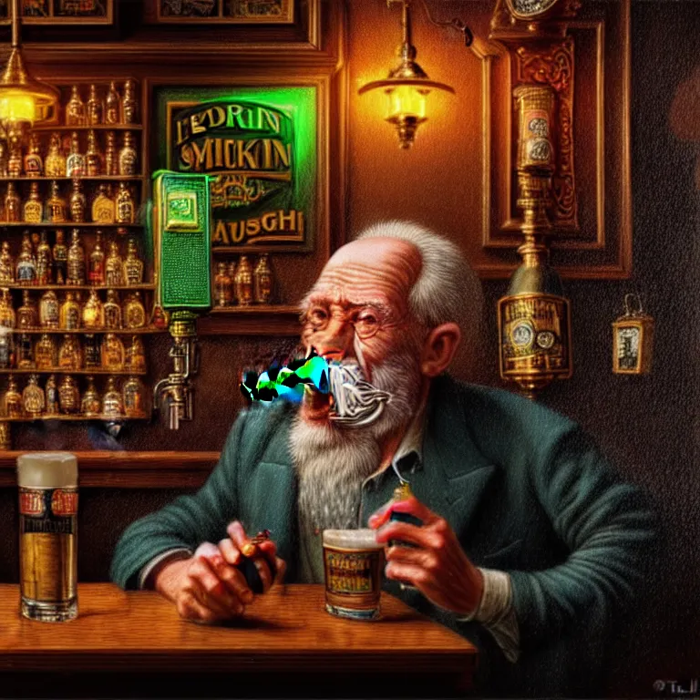 Image similar to a intricately detailed portrait of an old man smoking a lit cigar in an irish pub with a neon bar, smoke rising like clouds, balanced, symmetrical, super resolution, trending on art station, volumetric lighting & shadows, hyper detailed, digital art, unreal engine, in the style of a escher, 4 0 0 mm f 1. 8,