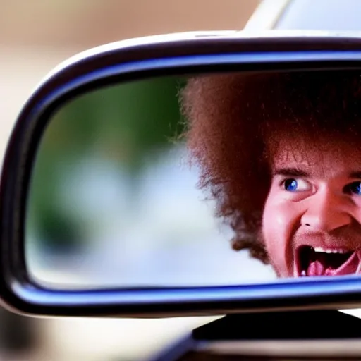 Prompt: a tiny screaming angry bob ross running your in rear view mirror