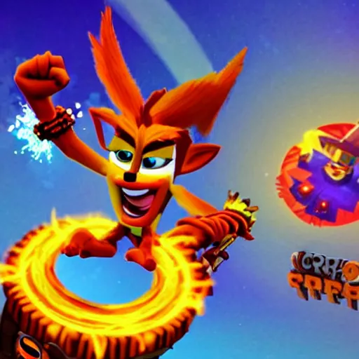 Image similar to crash bandicoot riding a pegasus through a ring of fire