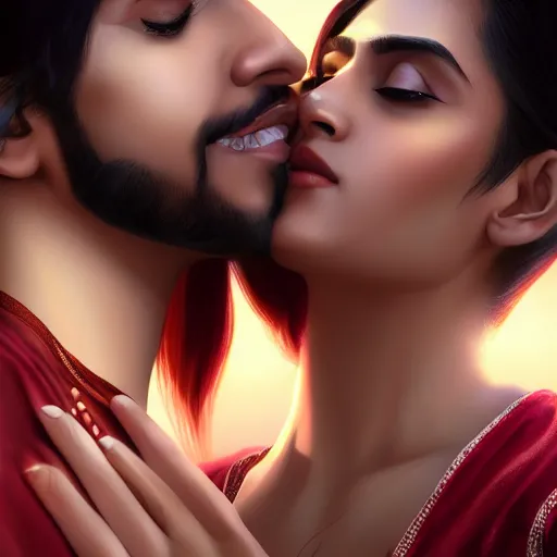 Image similar to theatrical press release ; indian young male and female couple sharing one heart ; stunning digital artwork by artgerm ; cinematic movie pose ; photorealistic, hyperrealistic, dramatic soft rim light ; highly detailed ; face by wlop ; trending on artstation ; cinematography from music video ; symmetrical, high coherence