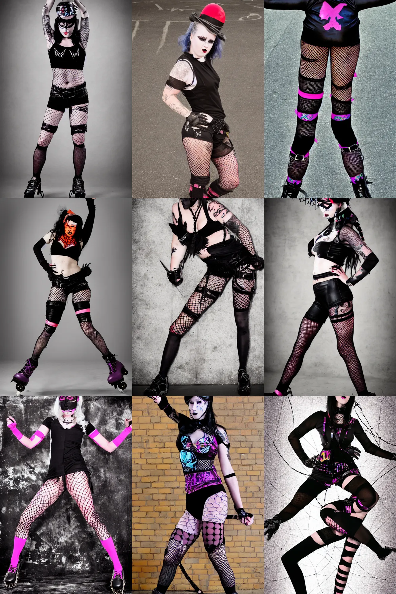 Prompt: goth roller derby girl sprinting Cross-Over, full length portrait, fishnet tights, torn, ripped, crossing the line, Caza, psychedelic