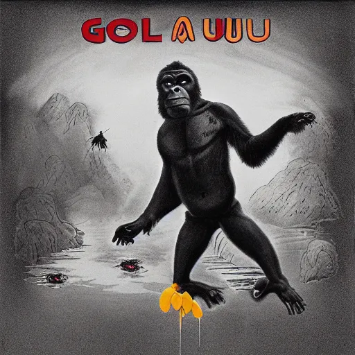 Image similar to gorilla falling from heaven, in the style of an amon duul ii album cover