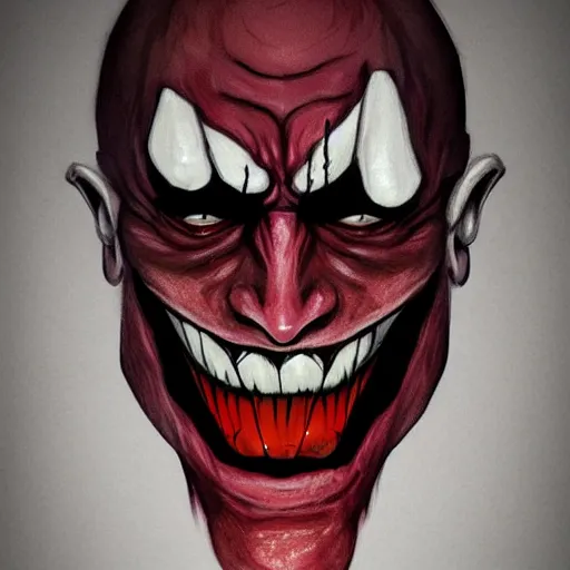 Prompt: portrait of an intimidating glowing scary giant, face and skin is dark red, glowing eyes, glowing veins of white, hero, villain, concept art, centered, Joker