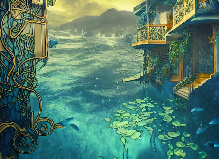 Prompt: foliage in art nouveau favela, underwater environment, borealis, scenery, professional, award - winning, trending on artstation, hyper detailed, realistic, beautiful, emotional, shiny, golden, picture