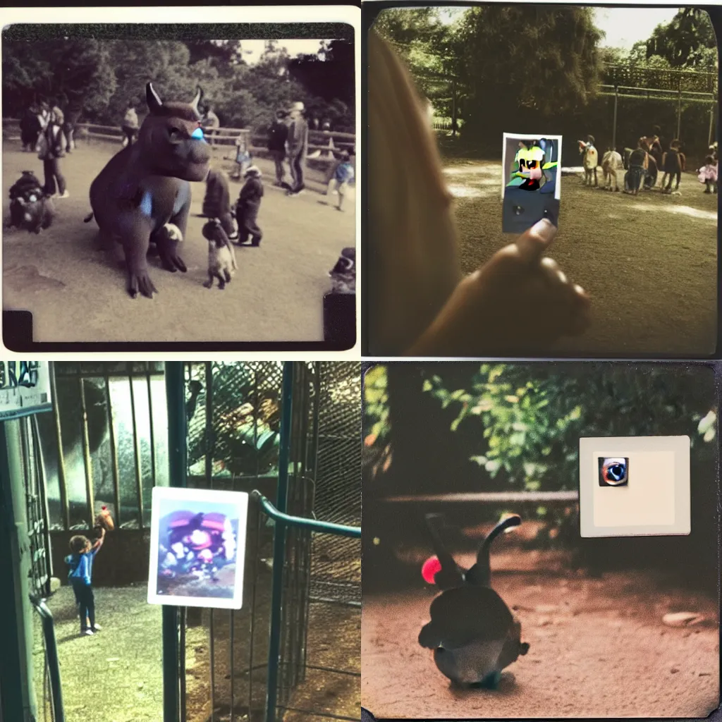 Prompt: A polaroid photo of a pokemon in a Zoo being watched by visitors