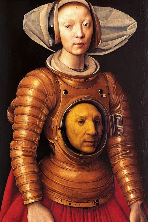 Prompt: 1 4 0 0 s renaissance portrait of an android woman astronaut with no face oil painting by jan van eyck, northern renaissance art, oil on canvas, wet - on - wet technique, realistic, expressive emotions, intricate textures, illusionistic detail