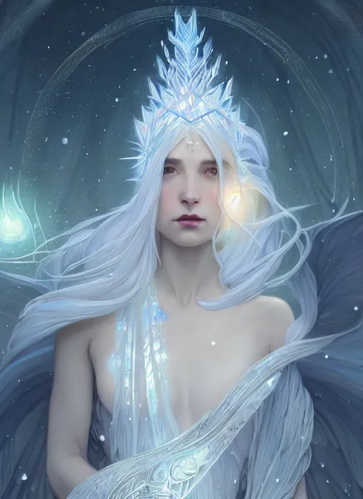 Image similar to a beautiful cinematic female winter goddess, cristal dress, ice wing, galatic shamen with quantum energy fantasy, fantasy magic, undercut hairstyle, dark light night, intricate, elegant, sharp focus, illustration, highly detailed, digital painting, concept art, matte, art by wlop and artgerm and greg rutkowski and alphonse mucha, masterpiece