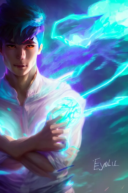 Prompt: a human elemental sorcerer, blurred environment background, colorful magic effects, white skin, portrait, male, clothed, sharp focus, digital art, concept art, trending on artstation, dynamic lighting, by emylie boivin and rossdraws