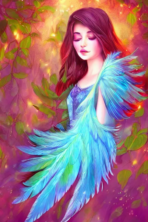 Prompt: wonderdream faeries lady feather wing digital art painting fantasy bloom vibrant keane glen illustration character design concept colorful joy atmospheric lighting butterfly