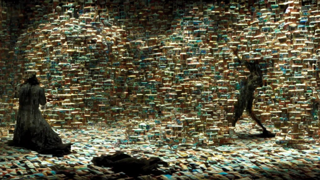 Prompt: the strange creature in a bank, made of magazines and water, film still from the movie directed by Denis Villeneuve with art direction by Salvador Dalí, wide lens