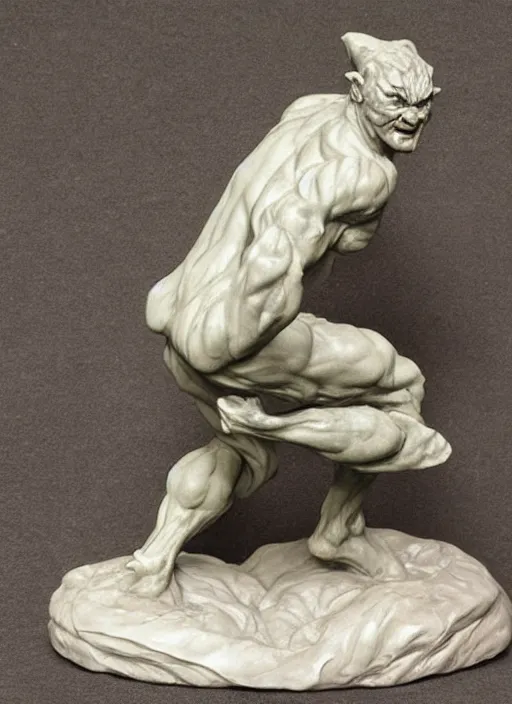 Image similar to a full figure marble sculpture of a running goblin, rough texture by Rodin and Frazetta