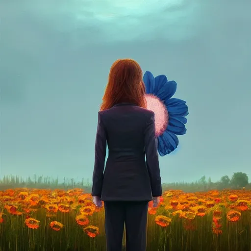 Image similar to giant daisy flower head, frontal, girl in a suit standing on street, surreal photography, sunrise, dramatic light, impressionist painting, digital painting, artstation, simon stalenhag