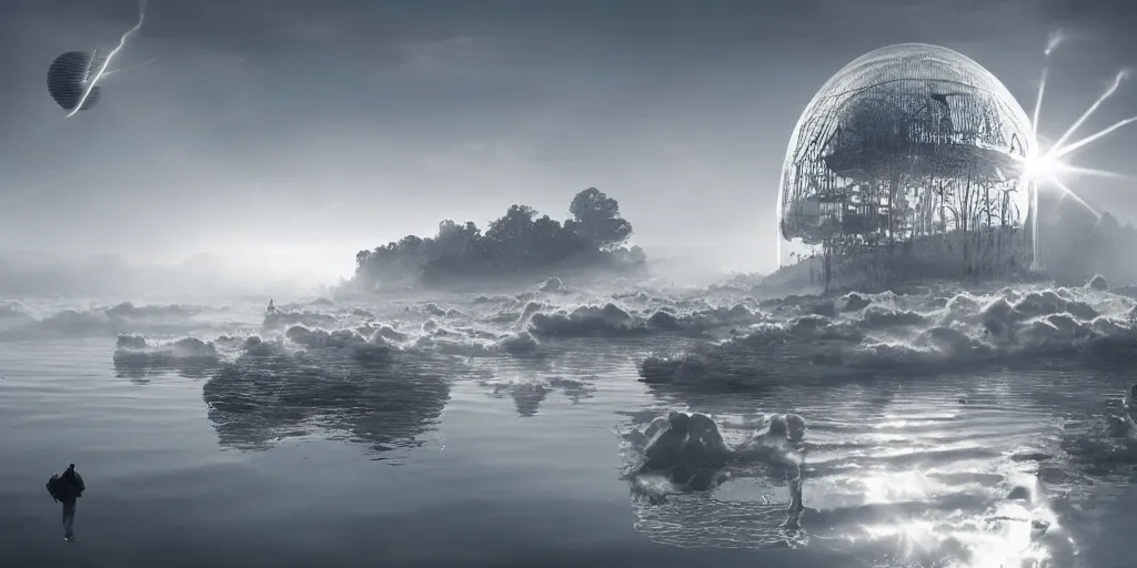 Image similar to Hyper-detailed photo-realistic Illusion reflections of A Beautiful alien organic mega-structure emerging from crepuscular rays by erik johansson, studio lit, volumetric, 8k