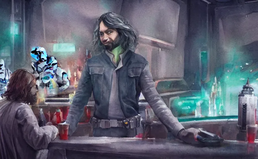 Prompt: an accurate realistic star wars watercolor fantasy concept art of a drug dealer that looks like chris d'elia looking angry in a sleazy futuristic bar of coruscant, hq, 4 k