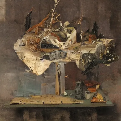 Image similar to Still life of a combat mech surrounded by its weapons, by Henri Fantin-Latour