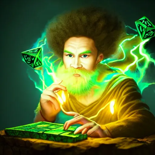 Image similar to a mythical forestmancer god rolling a d 6 dice, glowing energy, fantasy magic, by willian murai and jason chan, dramatic lighting, golden ratio, sharp focus