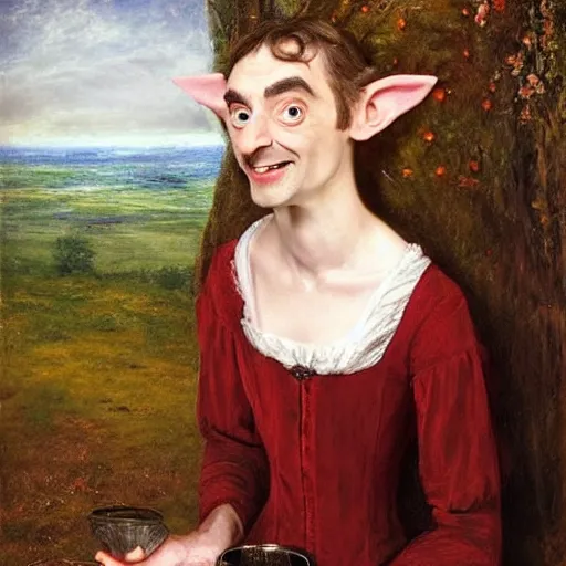 Image similar to 18th century elf princess (Mr. Bean), mouth wide open, is ((drinking a cup of tea)). fantasyconcept art, inspired by John Everett Millais's Ophelia