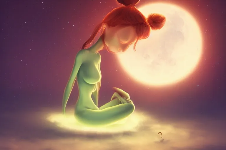 Image similar to a cute alien girl sitting on a cloud relaxing, misty, glows, digital art, hazy, foggy, red lighting, ambient lighting, 8 k,