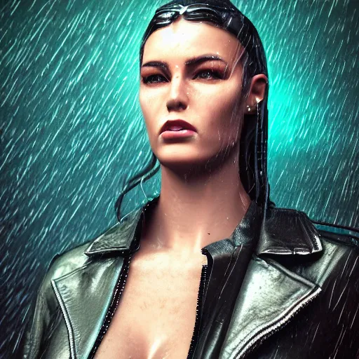 Image similar to stylish woman cartoon portrait made out of rain, leather jacket, cyberpunk background, rendered in octane, unreal engine, highly detailed, trending on artstation, realistic, neon, beautiful