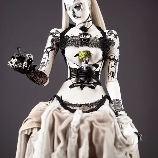 Prompt: gothic cyborg victorian bizzare porcelain woman with artnouveau garment and ornaments sharp focus 8 k