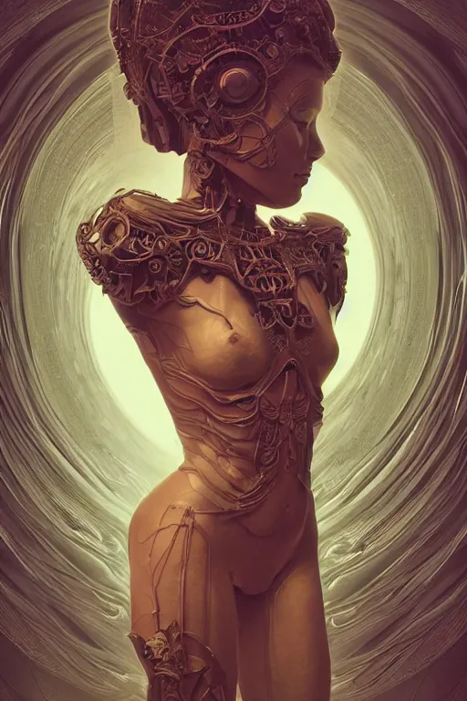 Image similar to dreamy poltergeist fused with calibos, android goddess, elegant ornate body pattern, portrait, intricate details, by vincent di fate, artgerm, julie bell, beeple and Greg Rutkowski, 90s, concept, Smooth gradients, octane render, 8k, High contrast, duo tone, depth of field, very coherent symmetrical artwork