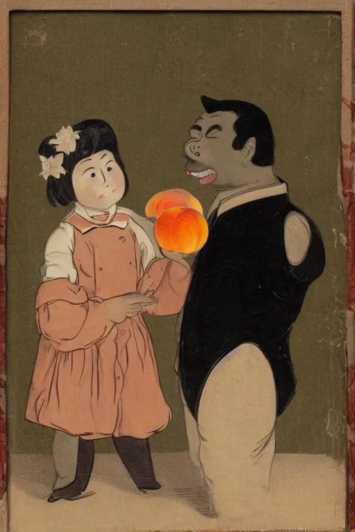 Prompt: portrait of a girl giving a peach to a large anthropomorphic asian black bear, in the style of booth franklin