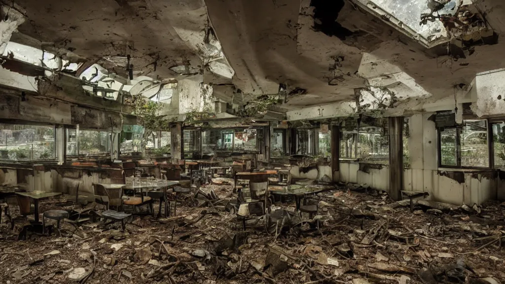 Image similar to forestpunk unfettered afterlife abandoned fastfood restaurant, postapocalypse, cinematic