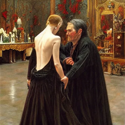 Image similar to woman bows to her vampire master, a sharp realistic painting by donato giancola and berthold woltze.