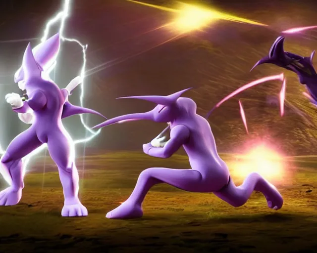 Image similar to mewtwo fighting frieza epic battle, unreal engine, lightning, beams of light, wide angle, highly detailed