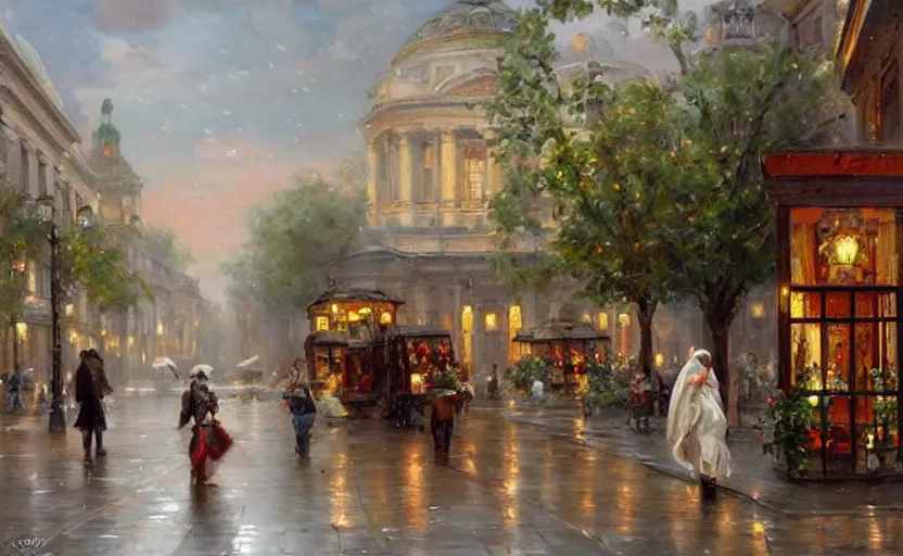 Prompt: Ancient Neoclassical Town at raining day. By Konstantin Razumov, highly detailded