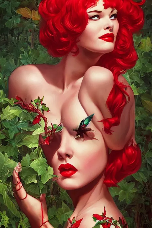 Prompt: portrait of a beautiful young bettie page as titania, summer queen. faerie queen. queen of light, red, poison ivy, made by caravaggio stanley artgerm lau wlop rossdraws artstation cgsociety concept art cgsociety octane render