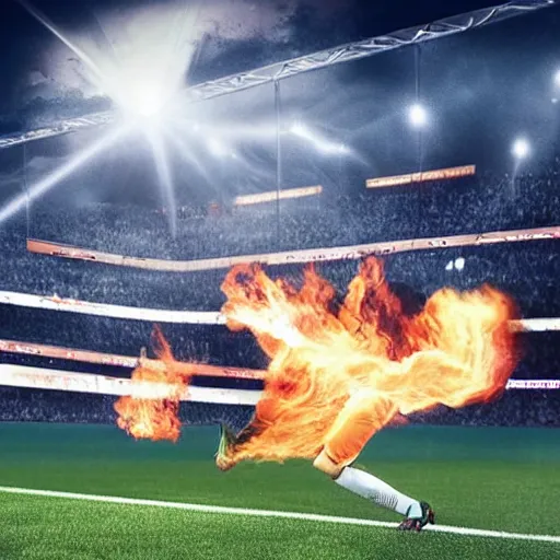 Image similar to cristiano ronaldo kick a fire ball to the sky in a stadium with a lot of person, photorealistic, night