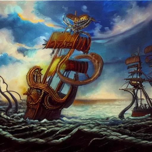 Image similar to oil painting of a kraken attacking a pirate ship